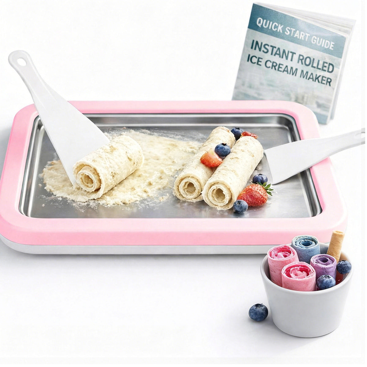 Rolled Ice Cream Maker with Quick Start Guide - DIY Instant Ice Cream Tray Kit, Includes 2 Scrapers for Manual Homemade Ice Cream Rolls, Frozen Yogurt, Sorbets & Slushies, No Electricity Needed