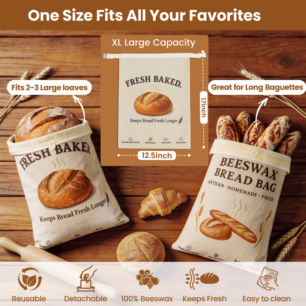 2 Pack XL Beeswax Bread Bags with [Removable Liner] for Easy Cleaning - Reusable Organic Linen Sourdough Bread Bag for Homemade Bread - Large Food Storage Bag with Buckle Closure to Keep Fresh