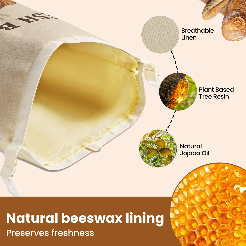 2 Pack XL Beeswax Bread Bags with [Removable Liner] for Easy Cleaning - Reusable Organic Linen Sourdough Bread Bag for Homemade Bread - Large Food Storage Bag with Buckle Closure to Keep Fresh