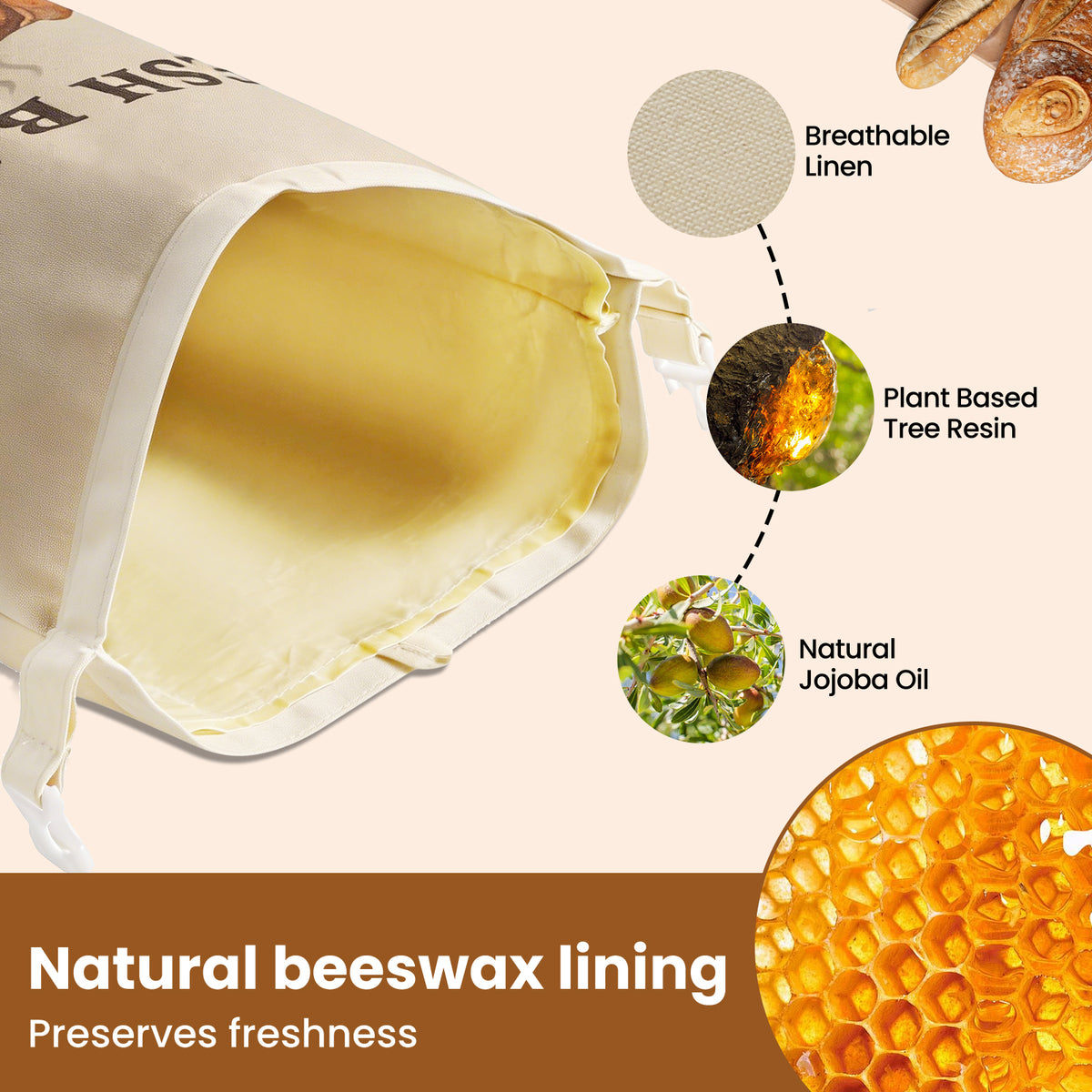 2 Pack XL Beeswax Bread Bags with [Removable Liner] for Easy Cleaning - Reusable Organic Linen Sourdough Bread Bag for Homemade Bread - Large Food Storage Bag with Buckle Closure to Keep Fresh