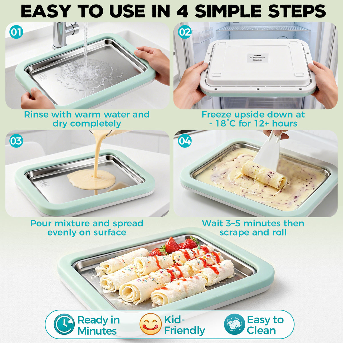 Rolled Ice Cream Maker with Quick Start Guide - DIY Instant Ice Cream Tray Kit, Includes 2 Scrapers for Manual Homemade Ice Cream Rolls, Frozen Yogurt, Sorbets & Slushies, No Electricity Needed