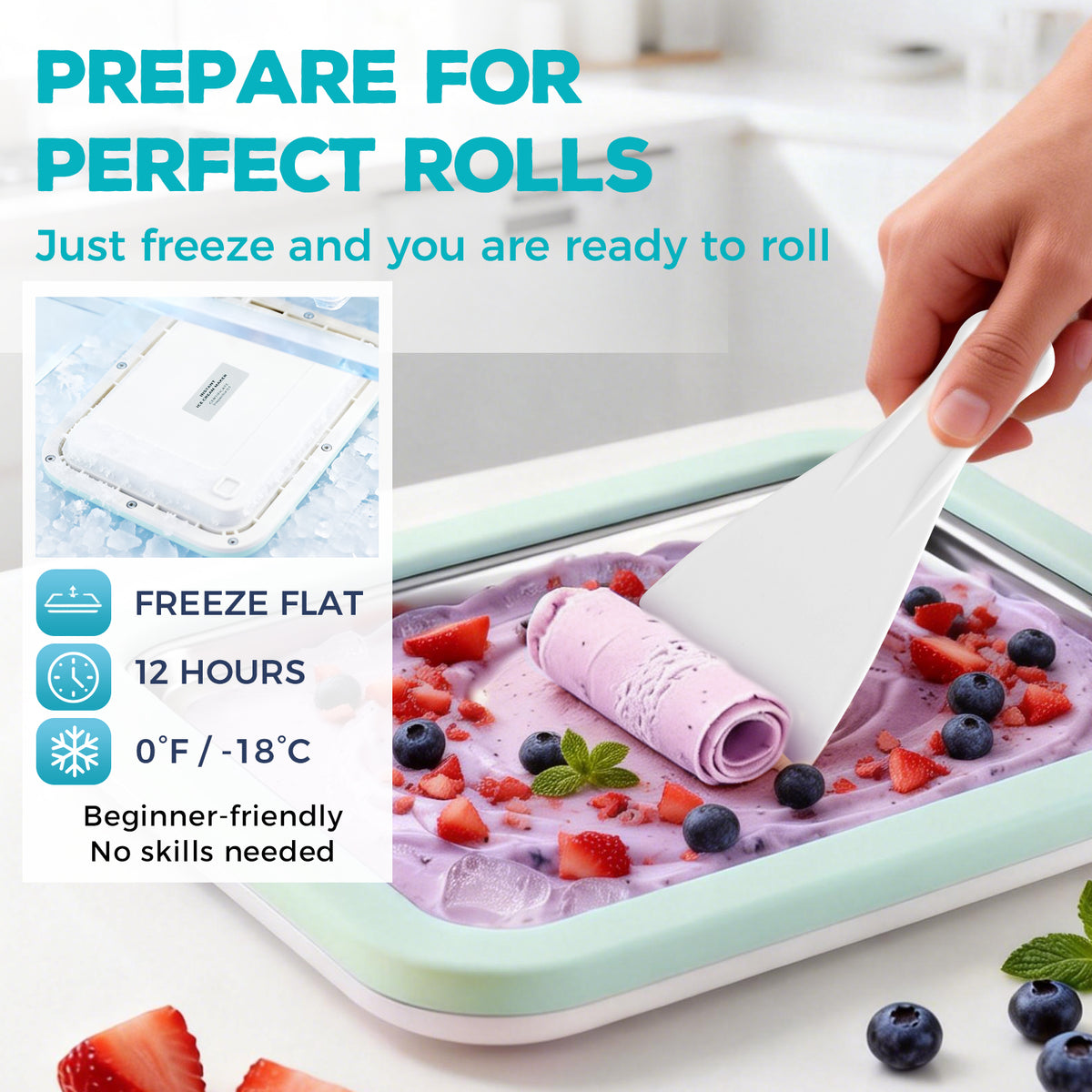 Rolled Ice Cream Maker with Quick Start Guide - DIY Instant Ice Cream Tray Kit, Includes 2 Scrapers for Manual Homemade Ice Cream Rolls, Frozen Yogurt, Sorbets & Slushies, No Electricity Needed