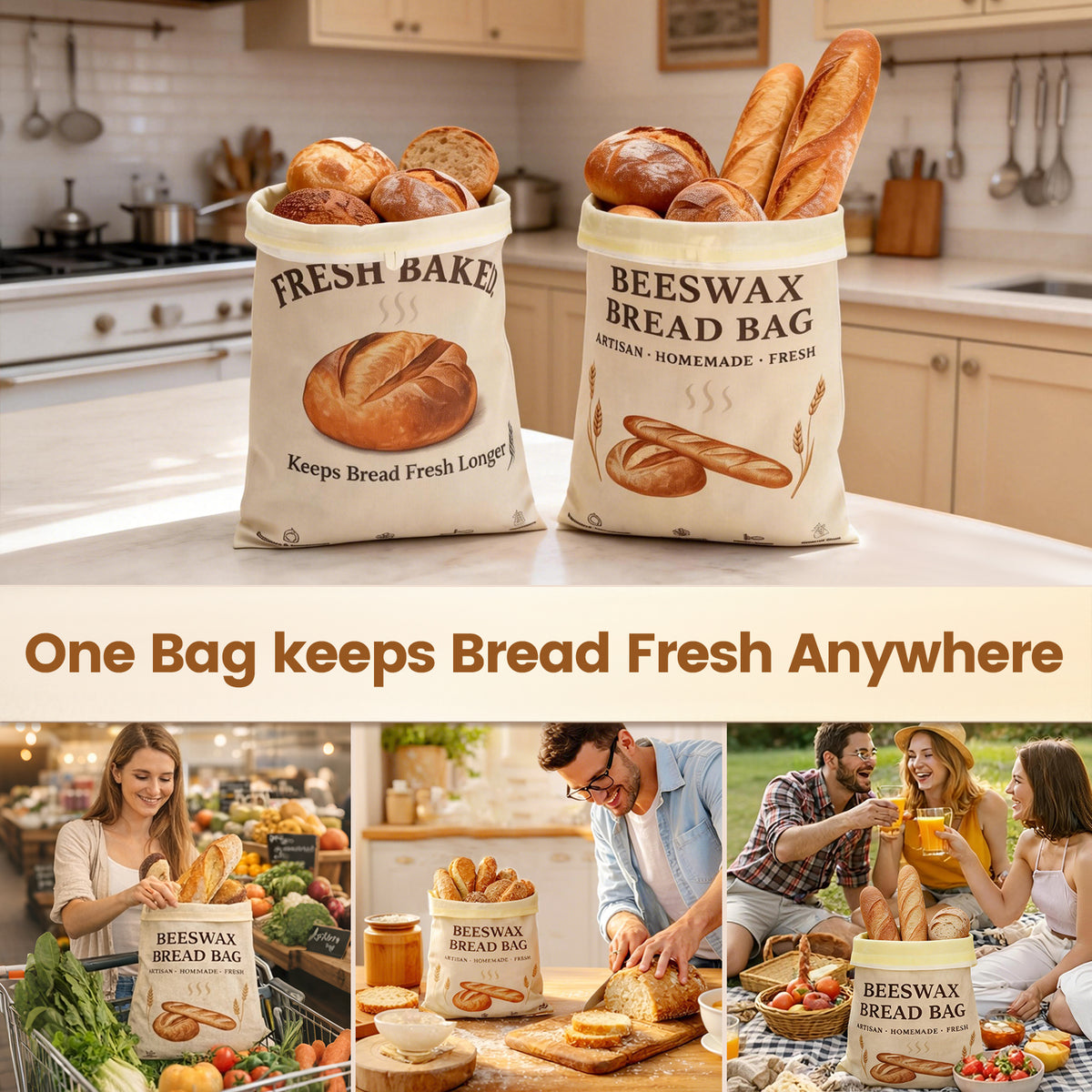 2 Pack XL Beeswax Bread Bags with [Removable Liner] for Easy Cleaning - Reusable Organic Linen Sourdough Bread Bag for Homemade Bread - Large Food Storage Bag with Buckle Closure to Keep Fresh