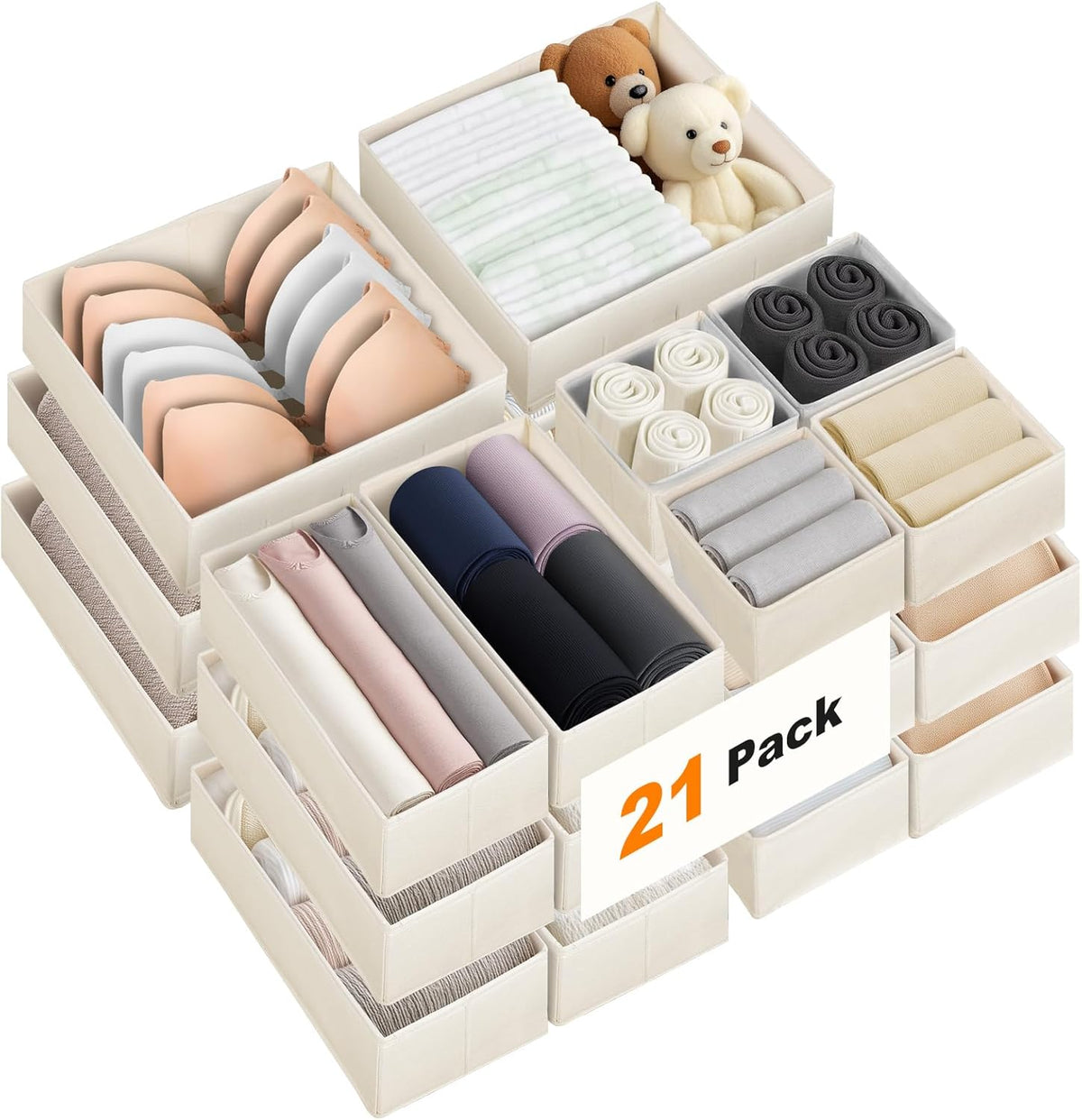 Premium Natural Linen Drawer Organizer Clothes, 21 Pack Dresser Organizer for Baby Clothes, Underwear, Socks, 3 Sizes Foldable Closet Organization and Storage Bins for Nursery, Bedroom (Beige)
