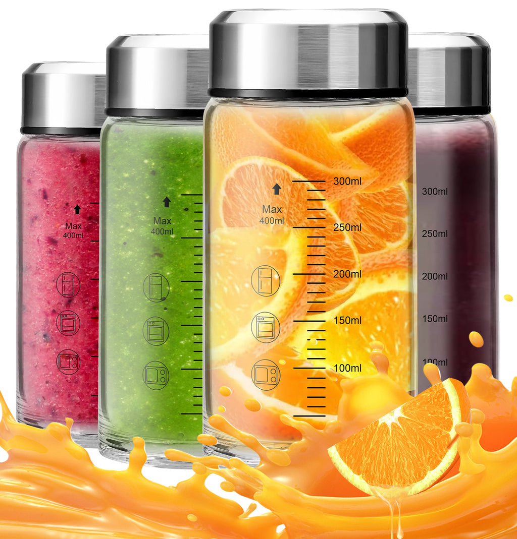 12oz Glass Juice Bottles with Lids 4-Pack, Wide Mouth Reusable Water Bottles for Juicing, Smoothies, Infused Water - Leakproof BPA Free Premium Clear Glass & Stainless Steel Lids, Fridge Safe