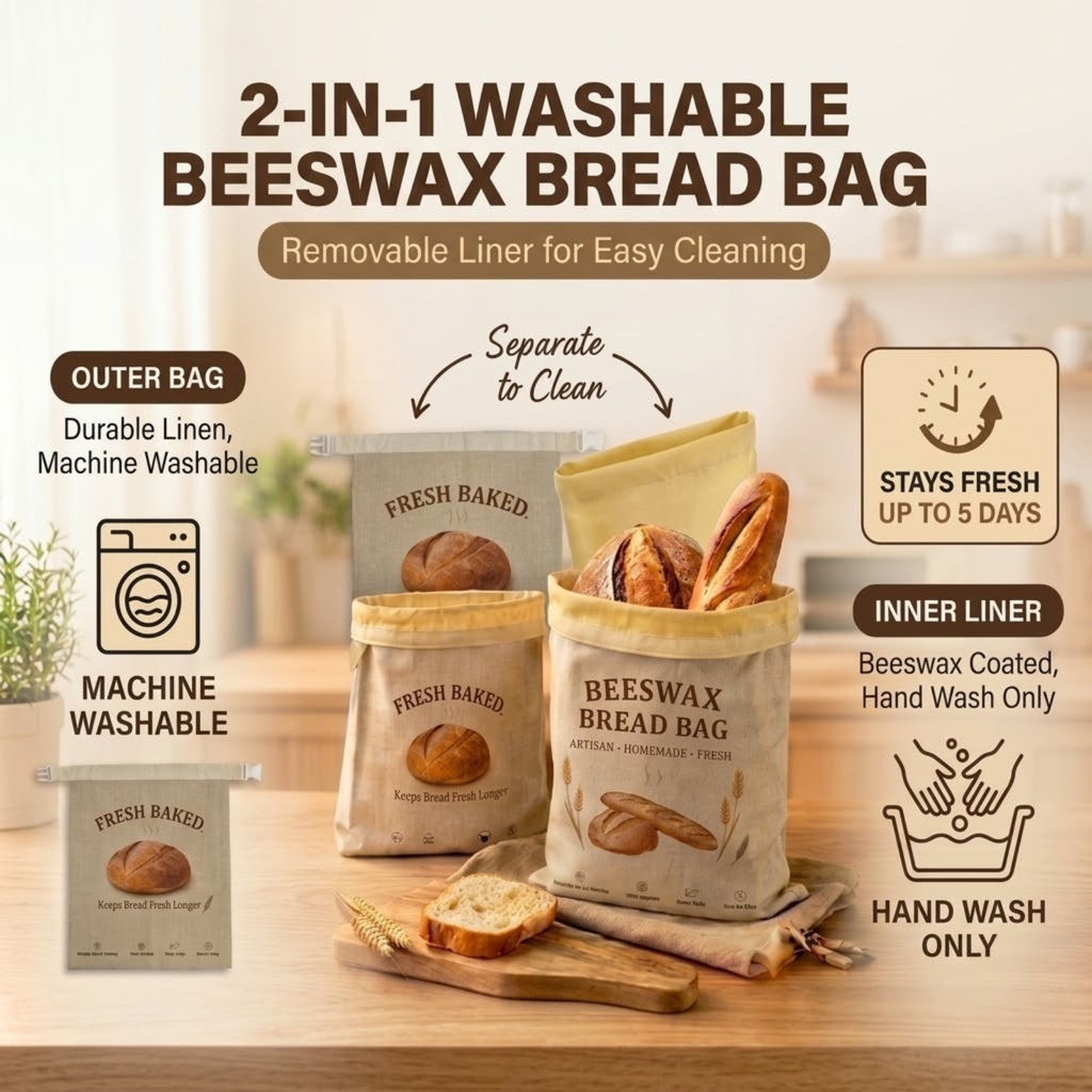 2 Pack XL Beeswax Bread Bags with [Removable Liner] for Easy Cleaning - Reusable Organic Linen Sourdough Bread Bag for Homemade Bread - Large Food Storage Bag with Buckle Closure to Keep Fresh