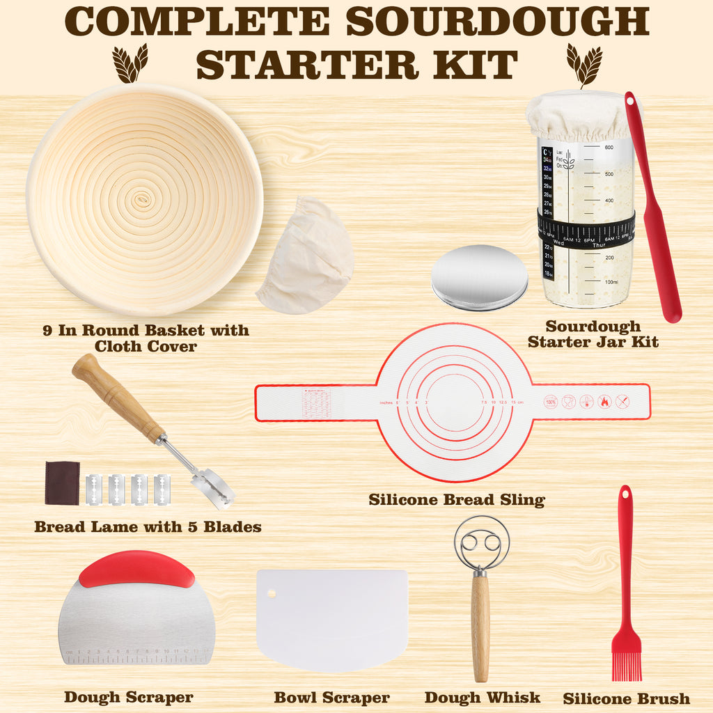 Complete Sourdough Starter Kit, 9 Inch Bread Proofing Basket, 24 Oz Sourdough Starter Jar Kit, Sourdough Bread Baking Supplies, Sour Dough Starter Kits for Beginners Home Bakers Wife Mom