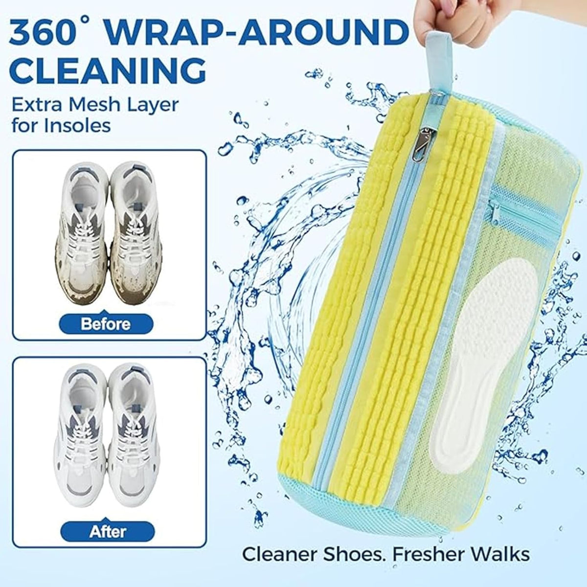 Shoe Washing Machine Bag 2 Pack, Laundry Shoe Bags with Insole Pocket, Reusable Shoe Cleaning Bags for Washer and Dryer, Protective 360° Deep Clean for Sneakers Tennis All Shoes Types