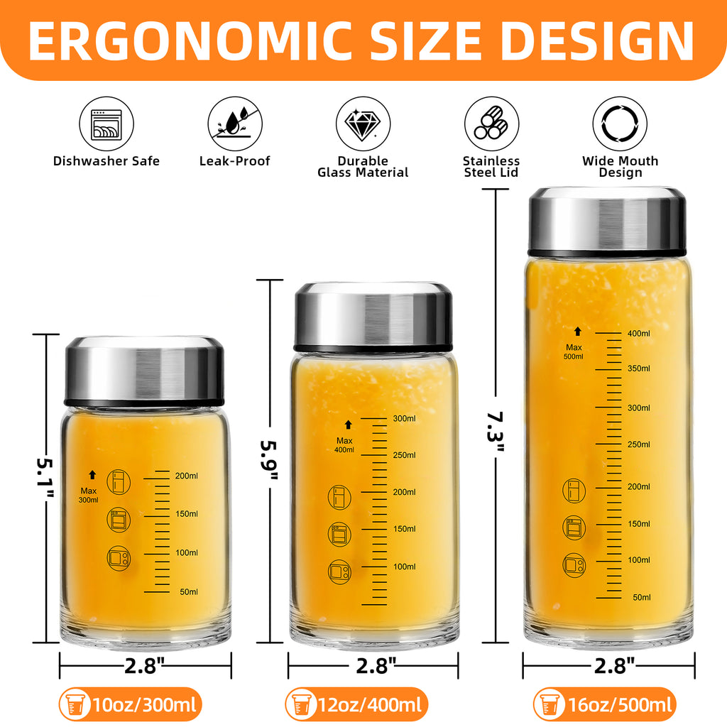 12oz Glass Juice Bottles with Lids 4-Pack, Wide Mouth Reusable Water Bottles for Juicing, Smoothies, Infused Water - Leakproof BPA Free Premium Clear Glass & Stainless Steel Lids, Fridge Safe