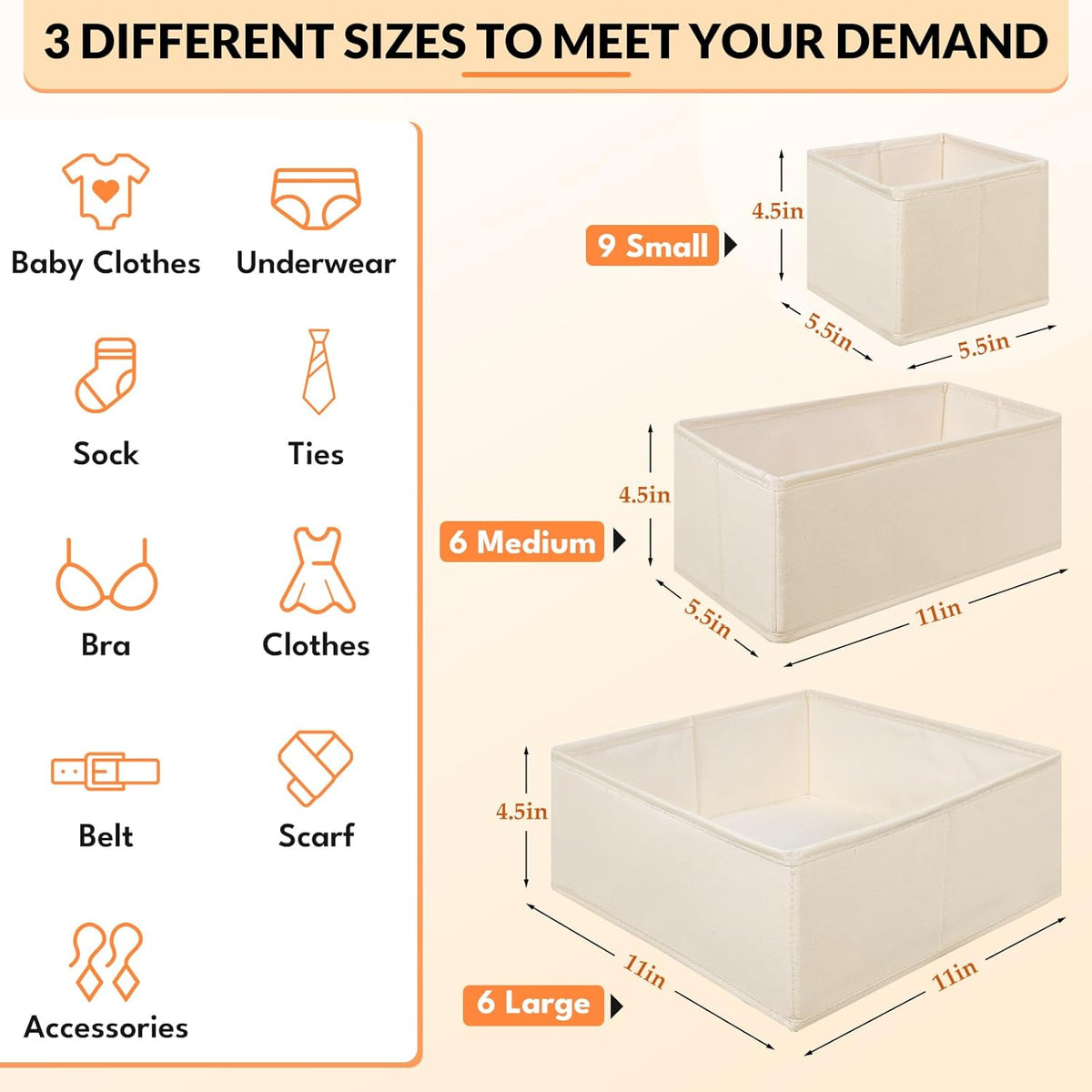 Premium Natural Linen Drawer Organizer Clothes, 21 Pack Dresser Organizer for Baby Clothes, Underwear, Socks, 3 Sizes Foldable Closet Organization and Storage Bins for Nursery, Bedroom (Beige)