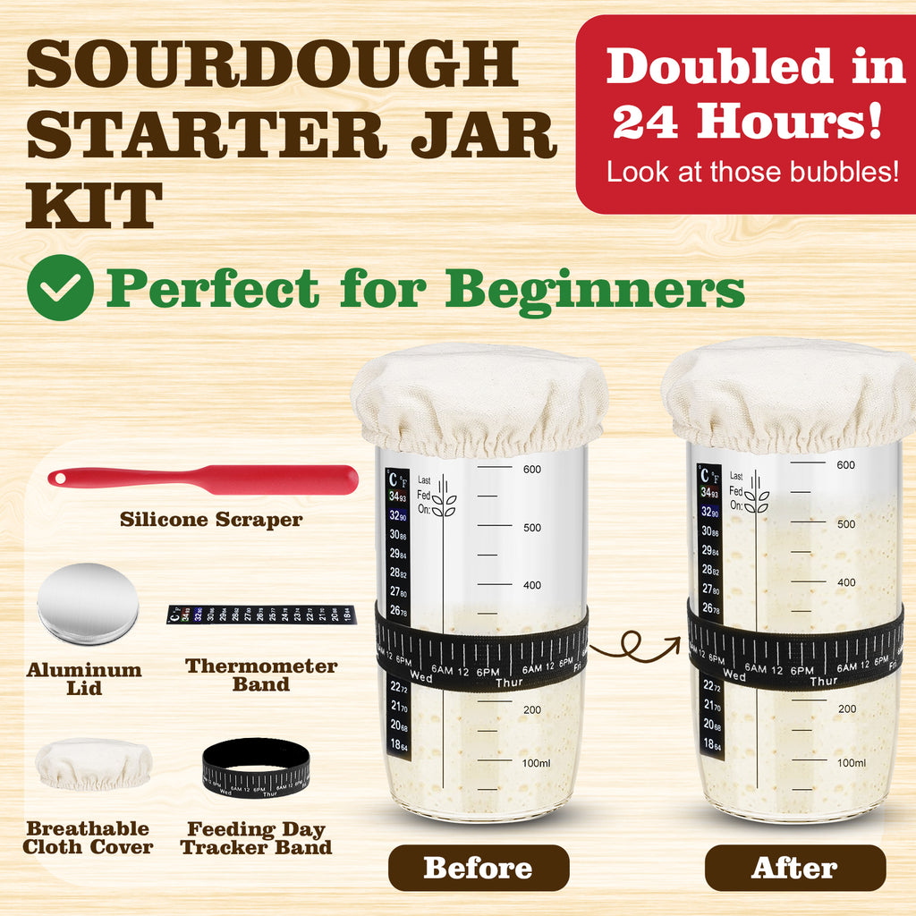 Complete Sourdough Starter Kit, 9 Inch Bread Proofing Basket, 24 Oz Sourdough Starter Jar Kit, Sourdough Bread Baking Supplies, Sour Dough Starter Kits for Beginners Home Bakers Wife Mom