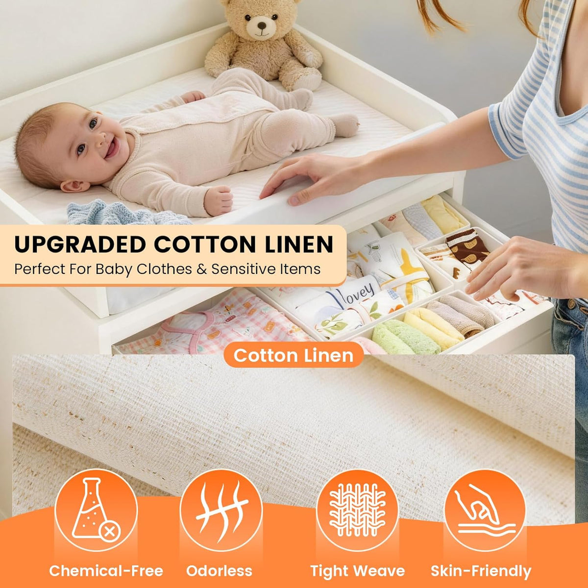 Premium Natural Linen Drawer Organizer Clothes, 21 Pack Dresser Organizer for Baby Clothes, Underwear, Socks, 3 Sizes Foldable Closet Organization and Storage Bins for Nursery, Bedroom (Beige)
