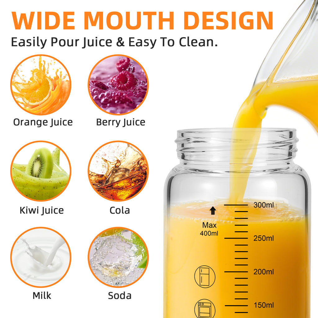 12oz Glass Juice Bottles with Lids 4-Pack, Wide Mouth Reusable Water Bottles for Juicing, Smoothies, Infused Water - Leakproof BPA Free Premium Clear Glass & Stainless Steel Lids, Fridge Safe