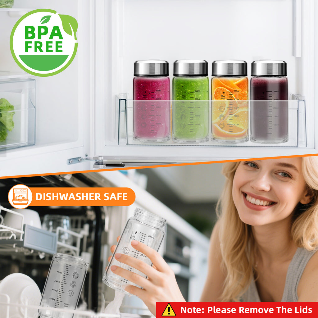 12oz Glass Juice Bottles with Lids 4-Pack, Wide Mouth Reusable Water Bottles for Juicing, Smoothies, Infused Water - Leakproof BPA Free Premium Clear Glass & Stainless Steel Lids, Fridge Safe