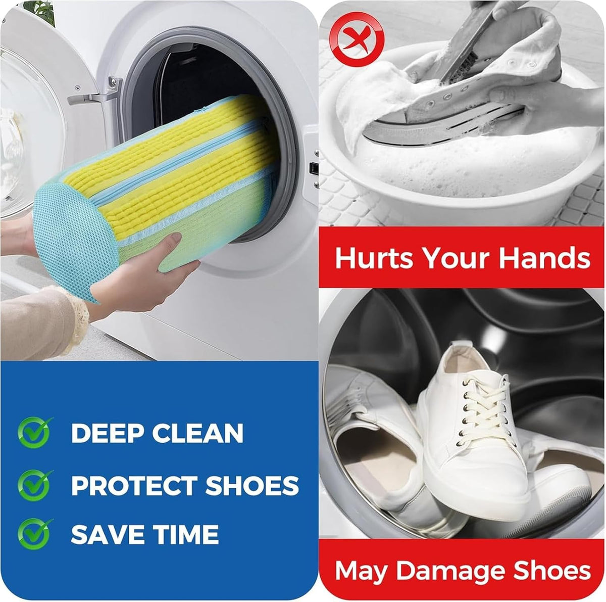 Shoe Washing Machine Bag 2 Pack, Laundry Shoe Bags with Insole Pocket, Reusable Shoe Cleaning Bags for Washer and Dryer, Protective 360° Deep Clean for Sneakers Tennis All Shoes Types