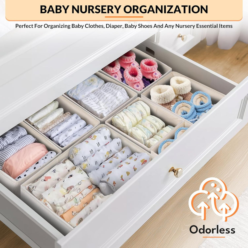 Premium Natural Linen Drawer Organizer Clothes, 21 Pack Dresser Organizer for Baby Clothes, Underwear, Socks, 3 Sizes Foldable Closet Organization and Storage Bins for Nursery, Bedroom (Beige)