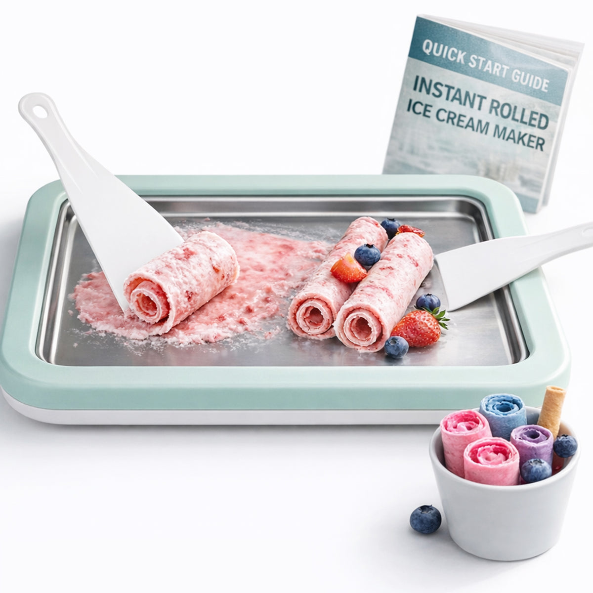 Rolled Ice Cream Maker with Quick Start Guide - DIY Instant Ice Cream Tray Kit, Includes 2 Scrapers for Manual Homemade Ice Cream Rolls, Frozen Yogurt, Sorbets & Slushies, No Electricity Needed