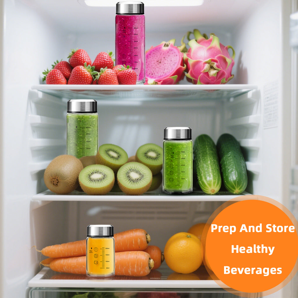 12oz Glass Juice Bottles with Lids 4-Pack, Wide Mouth Reusable Water Bottles for Juicing, Smoothies, Infused Water - Leakproof BPA Free Premium Clear Glass & Stainless Steel Lids, Fridge Safe