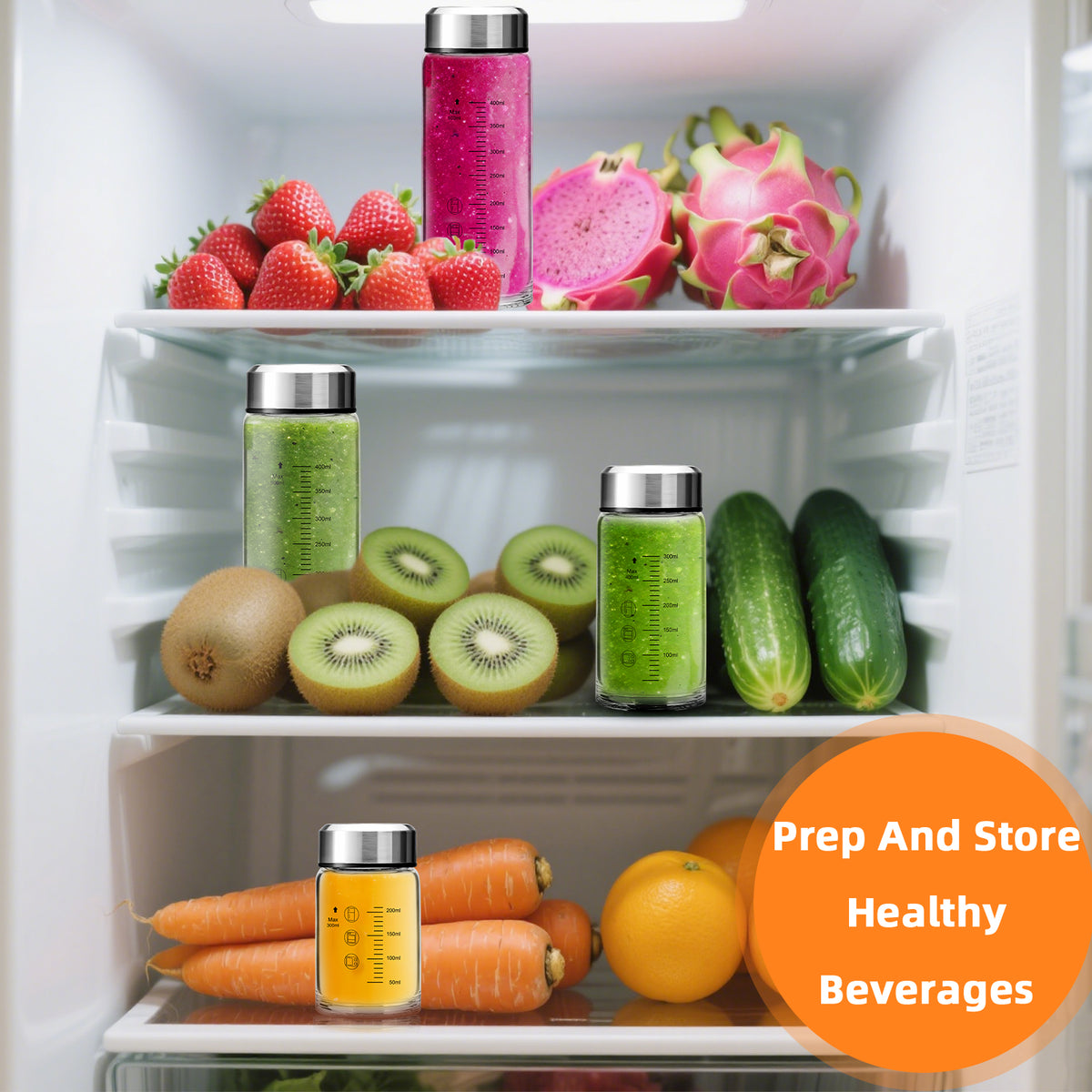 12oz Glass Juice Bottles with Lids 4-Pack, Wide Mouth Reusable Water Bottles for Juicing, Smoothies, Infused Water - Leakproof BPA Free Premium Clear Glass & Stainless Steel Lids, Fridge Safe