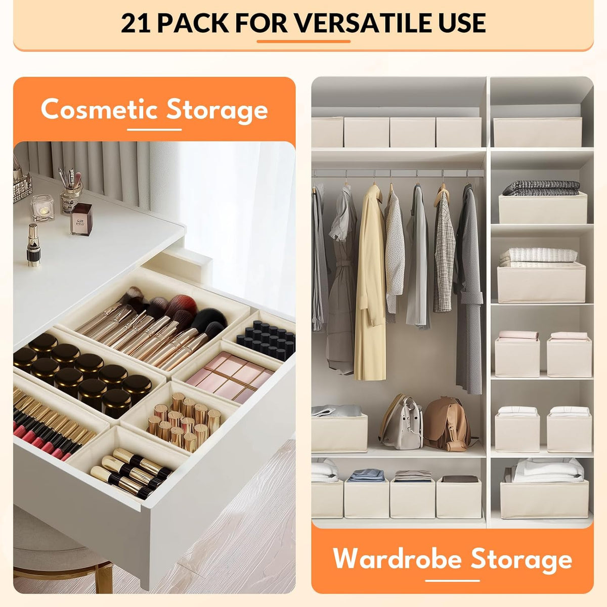 Premium Natural Linen Drawer Organizer Clothes, 21 Pack Dresser Organizer for Baby Clothes, Underwear, Socks, 3 Sizes Foldable Closet Organization and Storage Bins for Nursery, Bedroom (Beige)