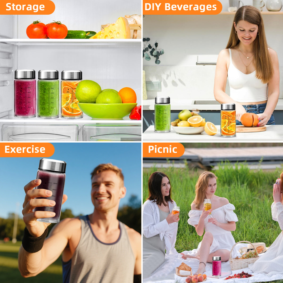 12oz Glass Juice Bottles with Lids 4-Pack, Wide Mouth Reusable Water Bottles for Juicing, Smoothies, Infused Water - Leakproof BPA Free Premium Clear Glass & Stainless Steel Lids, Fridge Safe