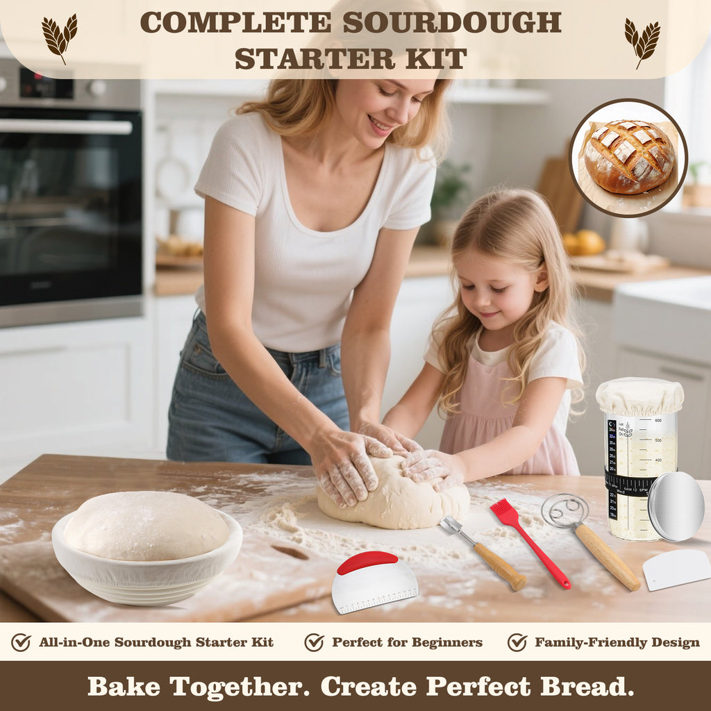 Complete Sourdough Starter Kit, 9 Inch Bread Proofing Basket, 24 Oz Sourdough Starter Jar Kit, Sourdough Bread Baking Supplies, Sour Dough Starter Kits for Beginners Home Bakers Wife Mom