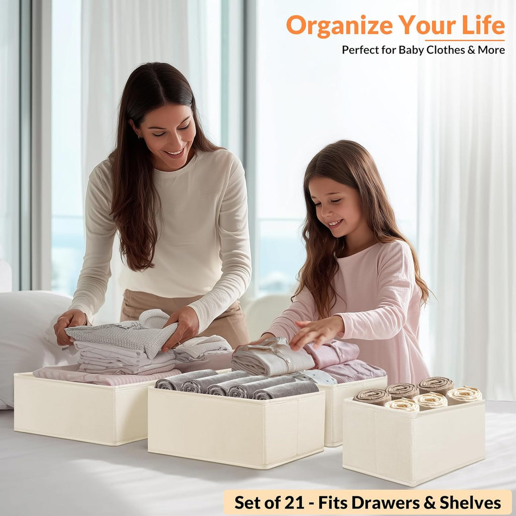Premium Natural Linen Drawer Organizer Clothes, 21 Pack Dresser Organizer for Baby Clothes, Underwear, Socks, 3 Sizes Foldable Closet Organization and Storage Bins for Nursery, Bedroom (Beige)